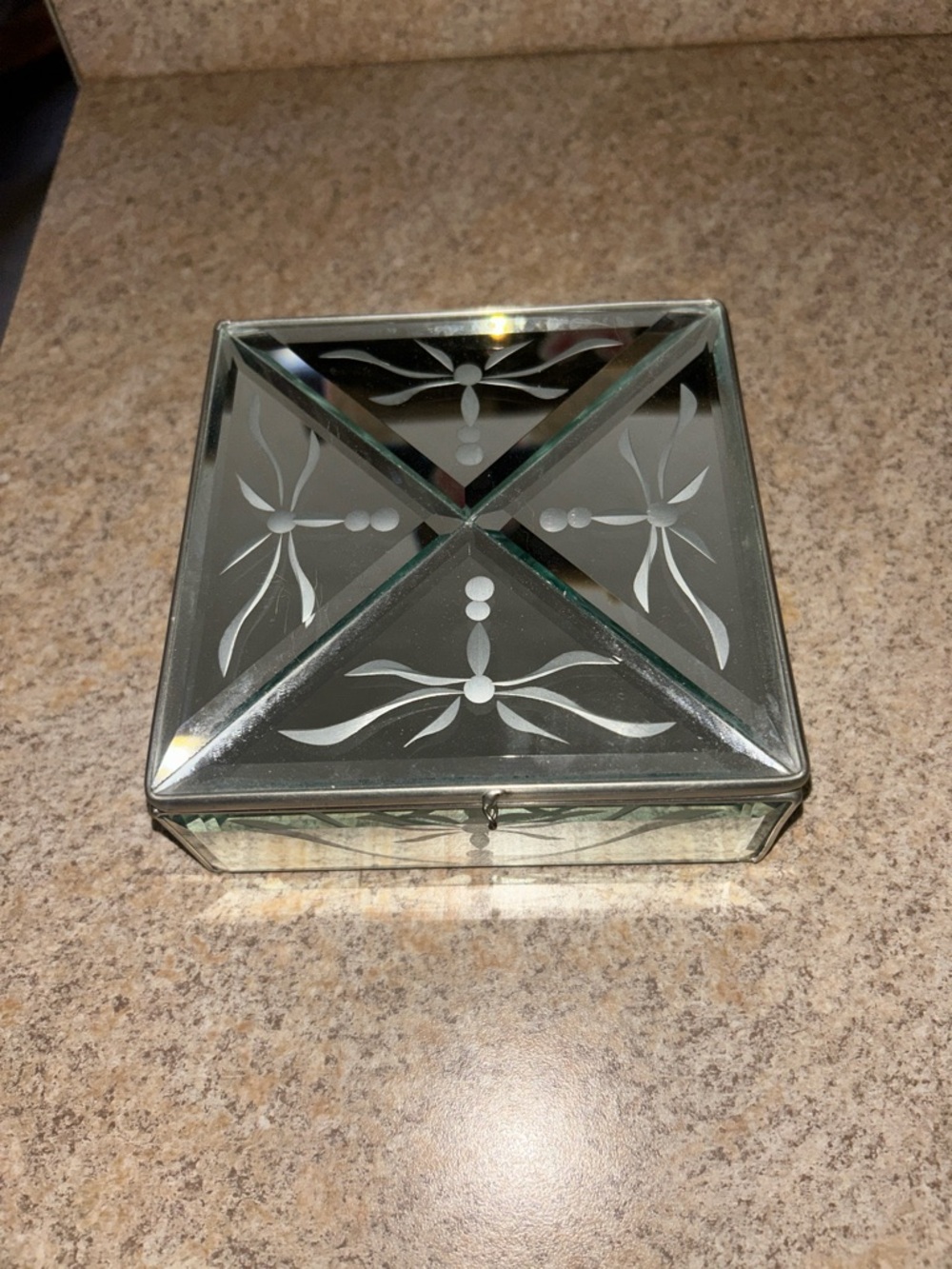 Decorative Etched Glass Trinket Jewelry Box - Mirrored Silver